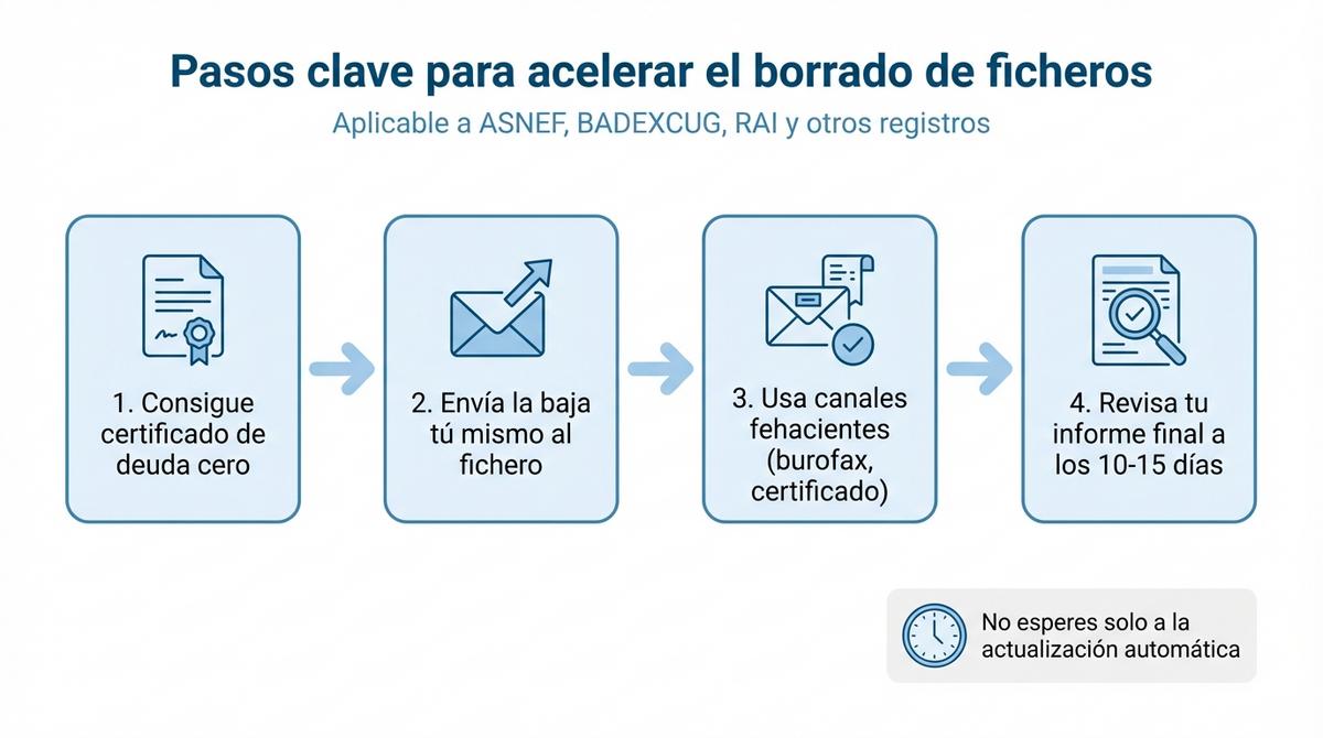 Diagrama de flujo con los pasos principales para acelerar el borrado de una empresa de los ficheros de morosidad
