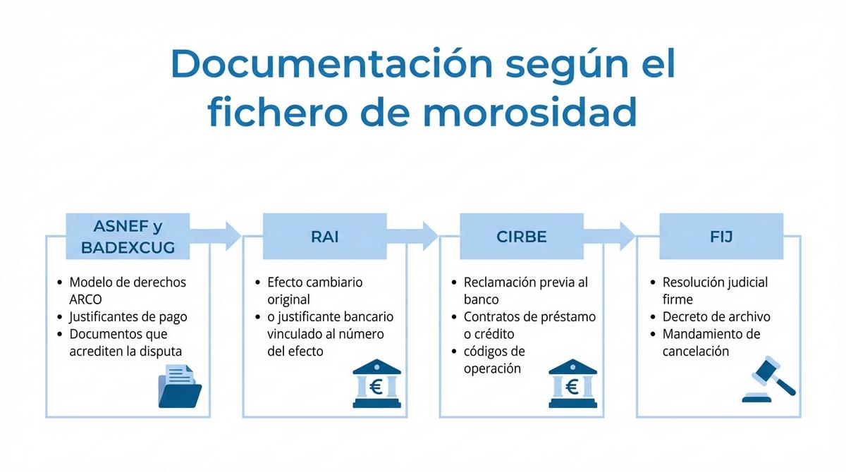 Diagrama de flujo con los tipos de documentación necesarios para ASNEF, BADEXCUG, RAI, CIRBE y FIJ