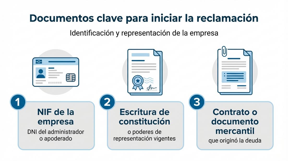 Infografía con los documentos básicos de identificación y representación para reclamar una inclusión en ficheros de morosidad