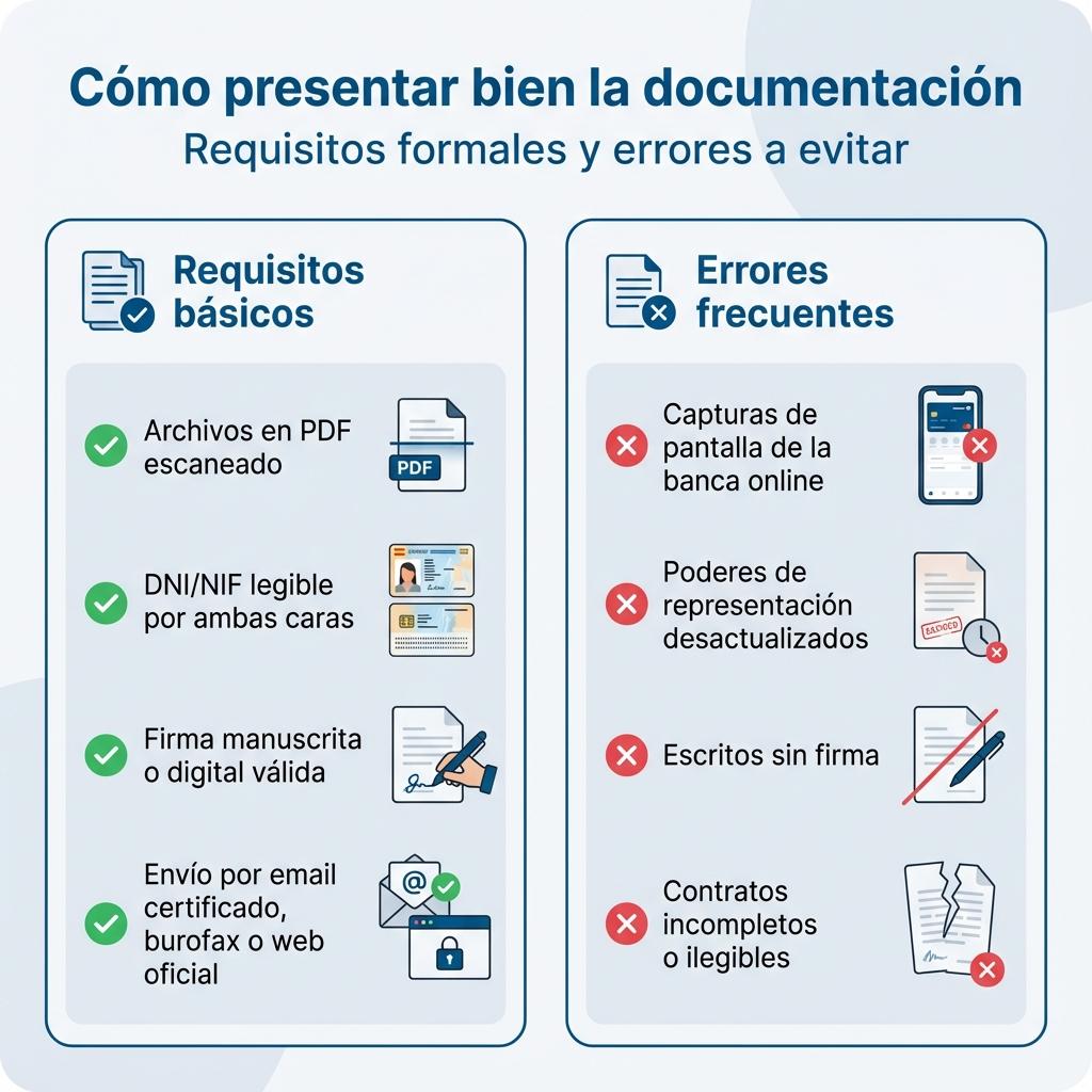 Infografía con requisitos formales y errores habituales al presentar documentación para salir de ficheros de morosidad