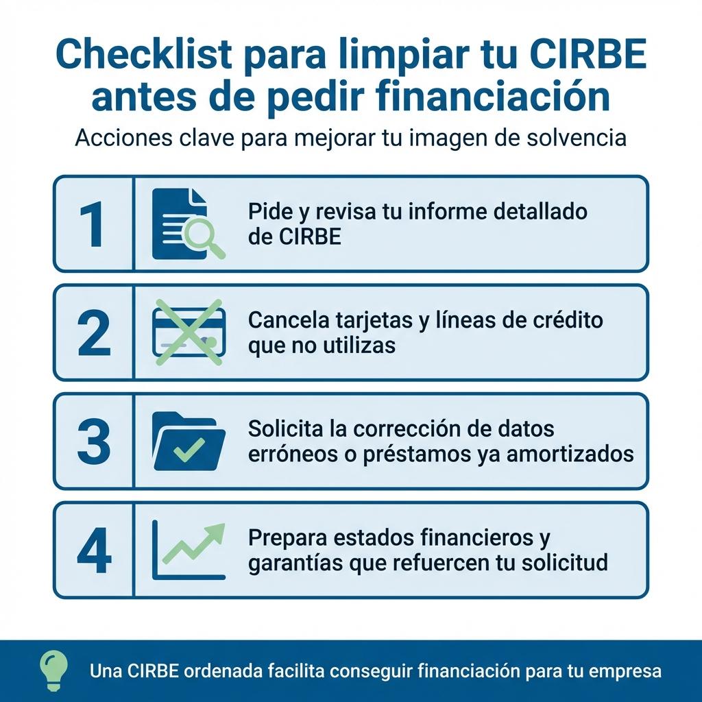 Infografía con una checklist de acciones para limpiar y mejorar la CIRBE antes de pedir financiación