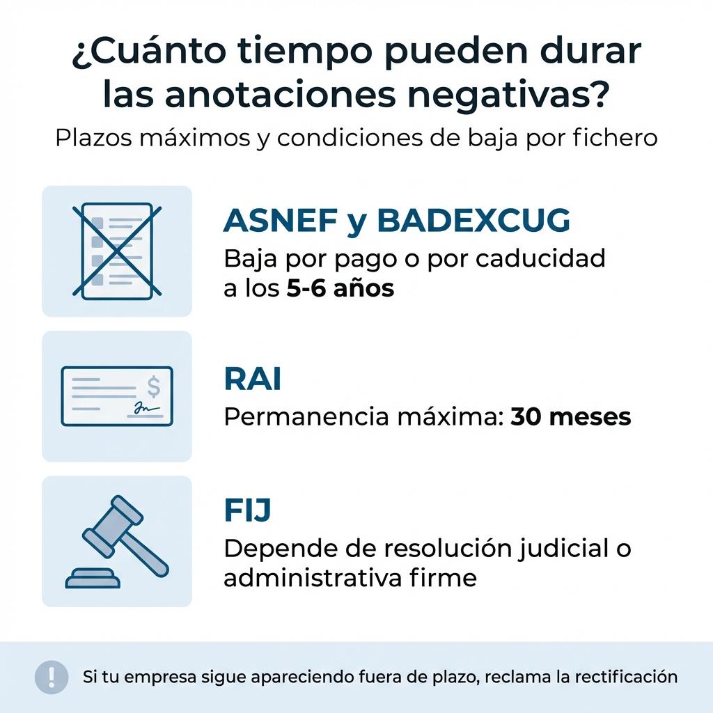 Infografía que muestra los plazos máximos y condiciones para que se eliminen anotaciones en ASNEF, BADEXCUG, RAI y FIJ