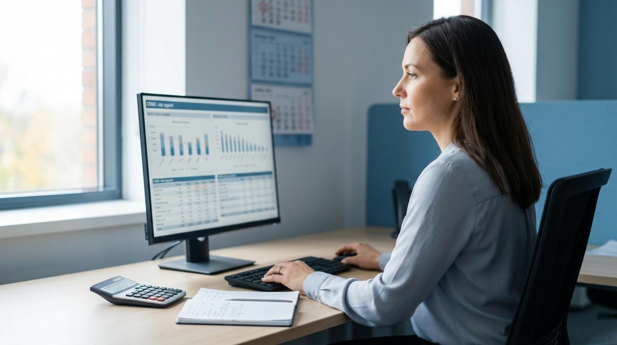 Responsable financiera de una empresa analizando en el ordenador un informe de riesgos similar al de la CIRBE