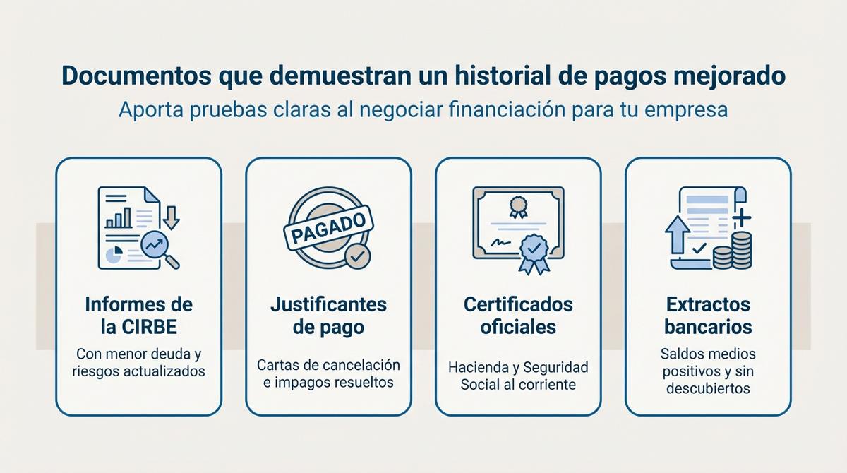 Diagrama que resume la documentación necesaria para demostrar la mejora del historial de pagos de una empresa