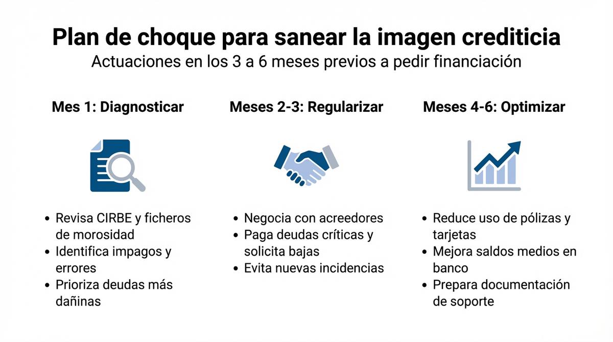 Infografía con un plan de choque en tres fases para sanear la imagen crediticia de una empresa