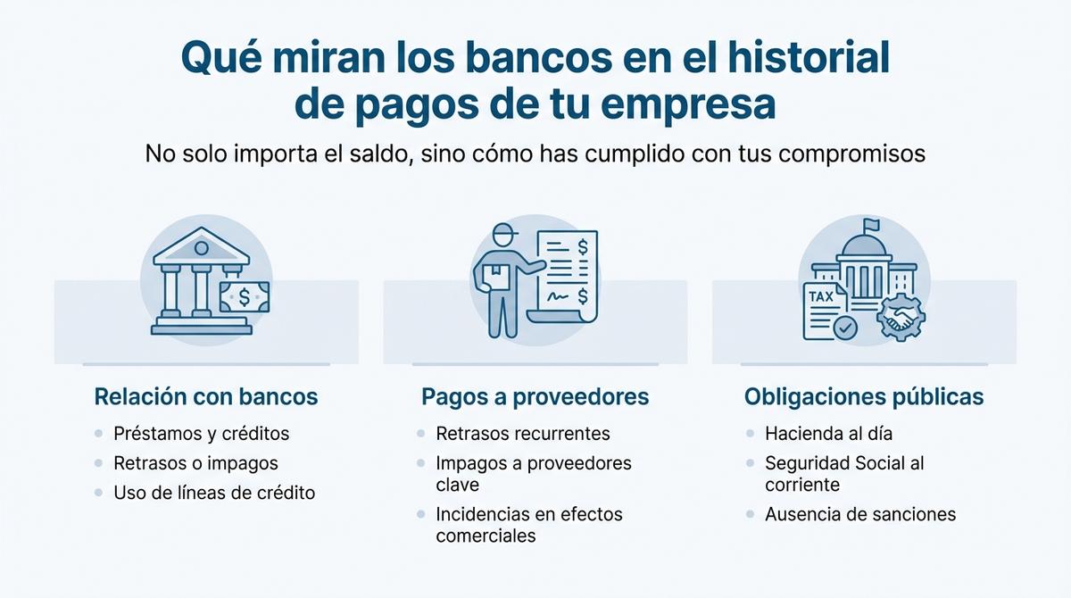 Infografía sobre los aspectos que revisan los bancos en el historial de pagos de una empresa