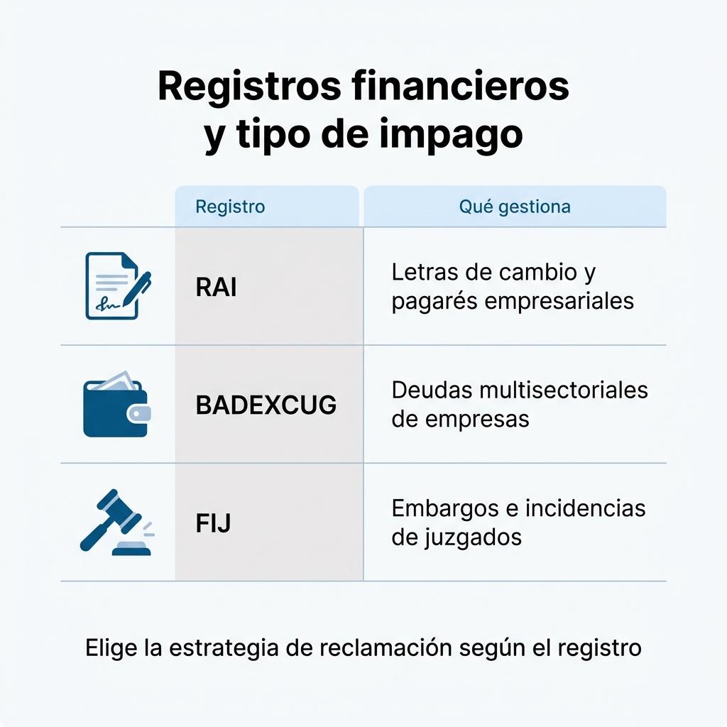 Infografía comparativa de los registros financieros RAI, BADEXCUG y FIJ y los tipos de impago que gestiona cada uno.