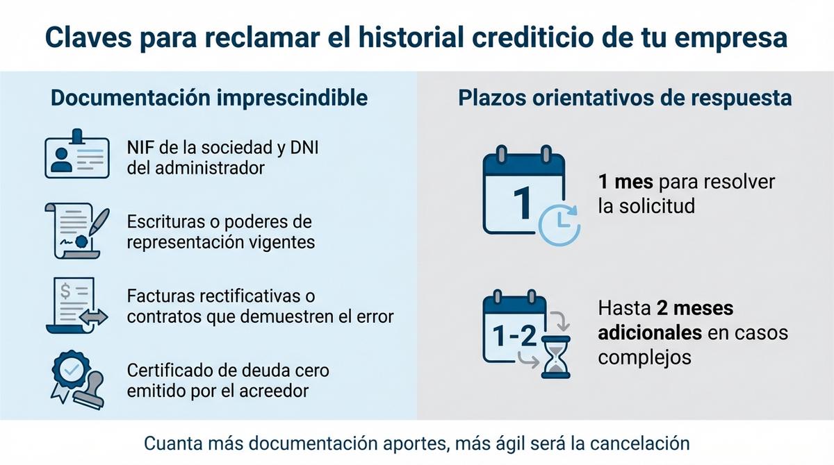 Infografía sobre la documentación necesaria y los plazos para que una empresa reclame su historial crediticio.
