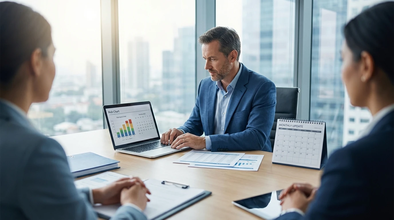 responsable-financiero-revisando-informes-de-riesgos-y-calendario-mensual-en-una-reunion-con-el-banco-en-una-oficina-luminosa